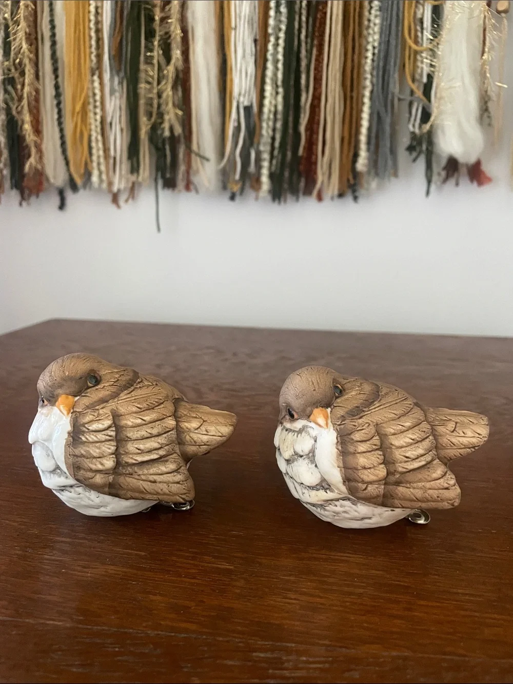 Pair of Decorative Ceramic Bird Figurine clips - Brown & White- new